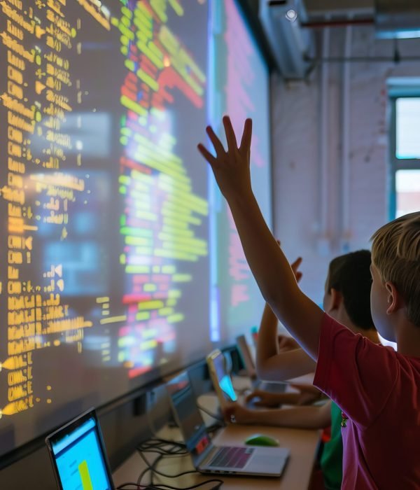 A boy is raising his hand in front of a computer screen with a lot of code on it. The other children are watching him